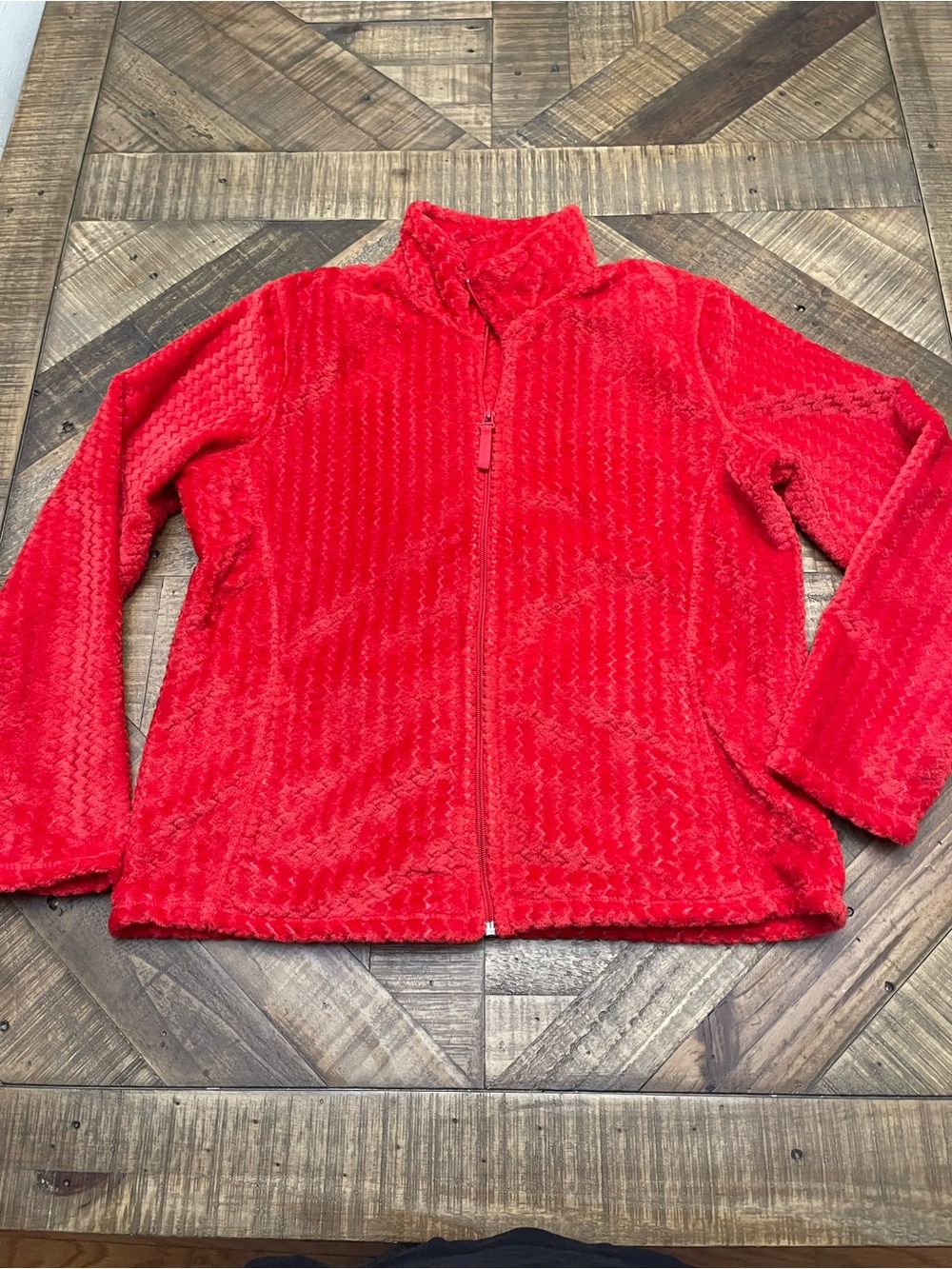 Jason Maxwell Vibrant Red Textured Chevron Fuzzy Fleece Full-Zip Jacket